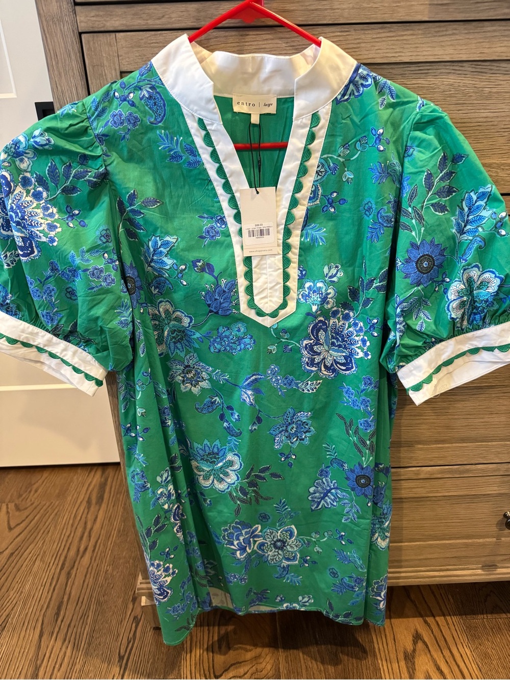 Entro Green Floral Short-Sleeve dress with White Trim